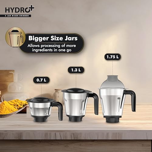 Havells Hydro Plus 1000 Watt Mixer Grinder | 3 Stainless Steel Jars | 22000 RPM Ball Bearing Motor | Hands-Free Operation | SS-304 Blades |Wider Mouth Jars for Easy Use | 2 Year Warranty - Image 3
