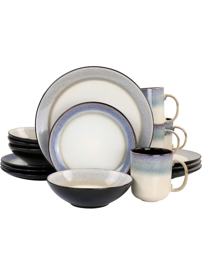 Gibson Elite Gibson Elite Rings of Saturn Round Reactive Glaze Stoneware Dinnerware Set Service for Four 16pcs Grey and Cream  - Image 1