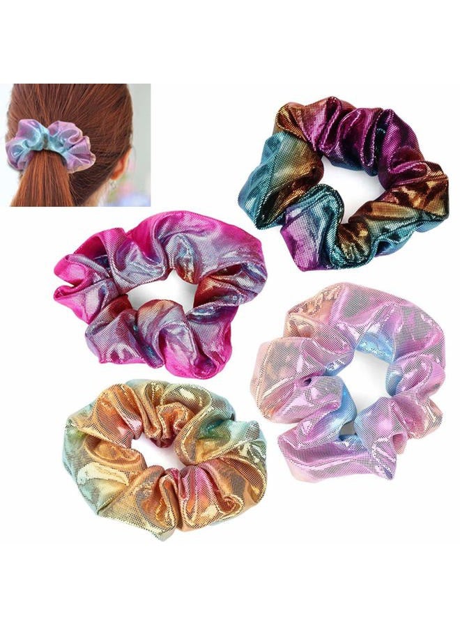 Amyzor 4pcs Shiny Metallic Hair Scrunchies, Women Girls Mermaid Hair Scrunchie Elastics Ponytail Holder Hair Bands Ties Ropes Headwear Hair Accessories for Gym Dance Party Club, Assorted Colors Scrunchies - Image 1