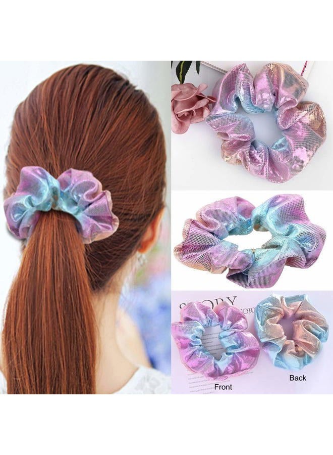 Amyzor 4pcs Shiny Metallic Hair Scrunchies, Women Girls Mermaid Hair Scrunchie Elastics Ponytail Holder Hair Bands Ties Ropes Headwear Hair Accessories for Gym Dance Party Club, Assorted Colors Scrunchies - Image 4