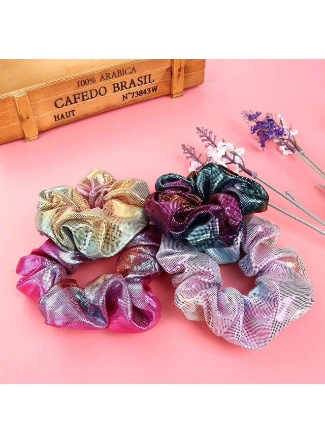Amyzor 4pcs Shiny Metallic Hair Scrunchies, Women Girls Mermaid Hair Scrunchie Elastics Ponytail Holder Hair Bands Ties Ropes Headwear Hair Accessories for Gym Dance Party Club, Assorted Colors Scrunchies - Image 3