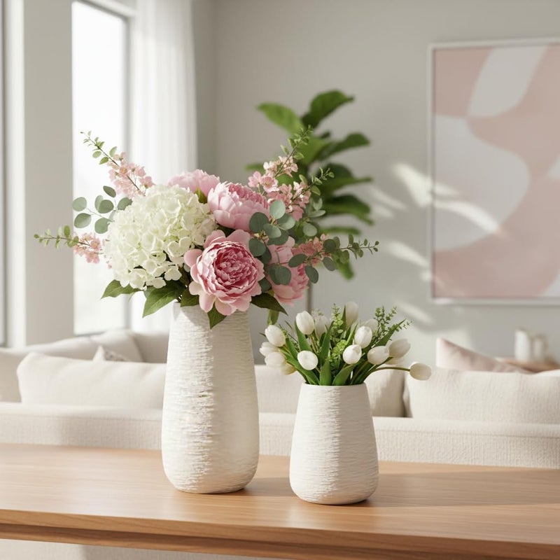 LIFFY Ceramic Flower Vase Set of 2, Home Decor Simple Modern Stereo Grain Table Decorative Vases for Dinning Room, Living Room, Bathroom, Office, Coffee Desk, Fireplace, Gift for Mother, Wife - Image 1
