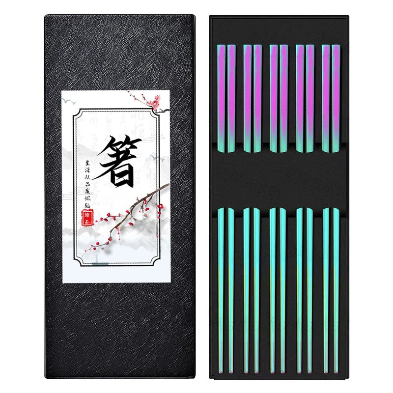 304 Stainless Steel Chopsticks 5-Pair Gold-Tone Color Titanium Coated with Custom Logo Box Magic Light Body 