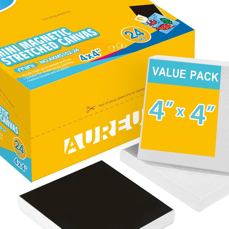 AUREUO Mini Magnetic Stretched Canvas 4x4 Inch / 24 Pack - Small Square Wrapped Halloween Canvas Board with Magnet Back, Art Gift Set Tiny Framed Bulk Pack Canvases for Acrylic Painting & Craft - Image 1