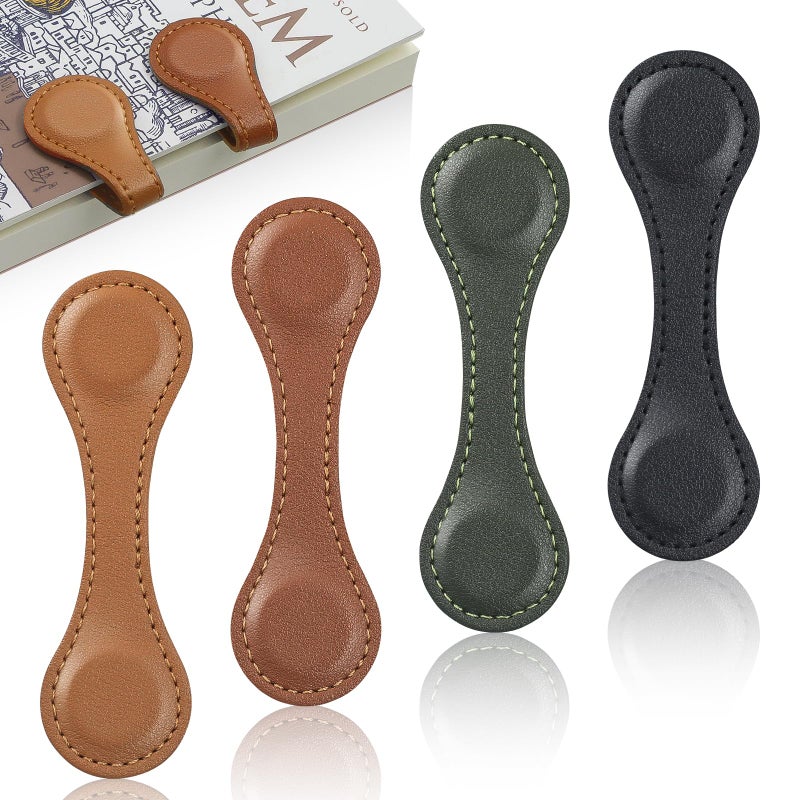 JIXZEN 4 PCS Magnetic Leather Bookmarks for Reading Women, Men, Teachers & Book Lovers - Timeless Design in Light Brown, Dark Brown, Vintage Green, Black - Image 1