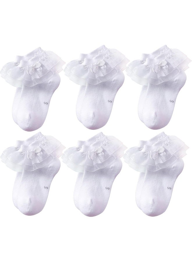 Looching Looching Baby Toddlers Girls White Cotton Princess Style Ruffles Lace Top Frilly Mesh Socks with Bowknot Pack of 6  - Image 1