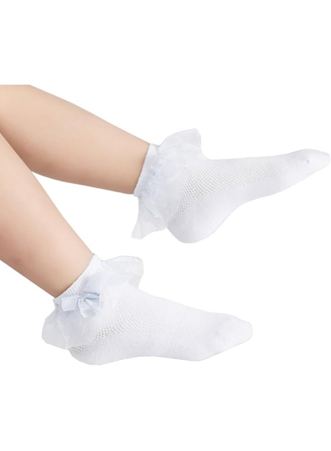 Looching Looching Baby Toddlers Girls White Cotton Princess Style Ruffles Lace Top Frilly Mesh Socks with Bowknot Pack of 6  - Image 3