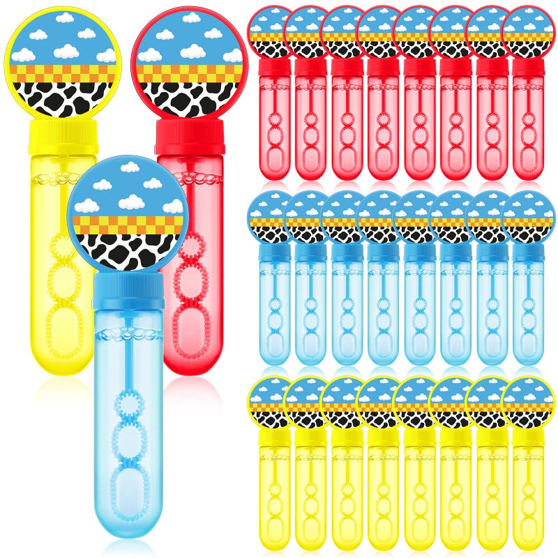 Rotatingpals 24 Pcs Cartoon Toy Bubble Wands Blue Sky White Clouds and Cow Print Mini Bubble Party Favor for Kids Toddlers Birthday Goody Bag Stuffer Filler Classroom Reward GiftsRed Yellow Blue - Image 3