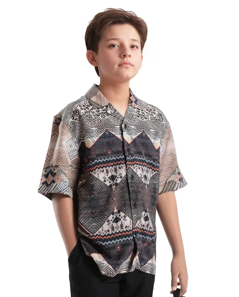 رير ونز Rare Ones Kids Qun Black Viscose Printed Button Closure Regular Fit Shirt