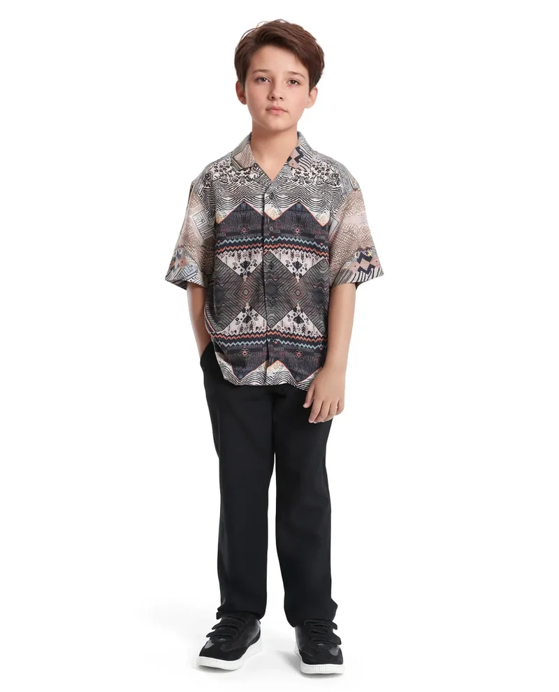 رير ونز Rare Ones Kids Qun Black Viscose Printed Button Closure Regular Fit Shirt