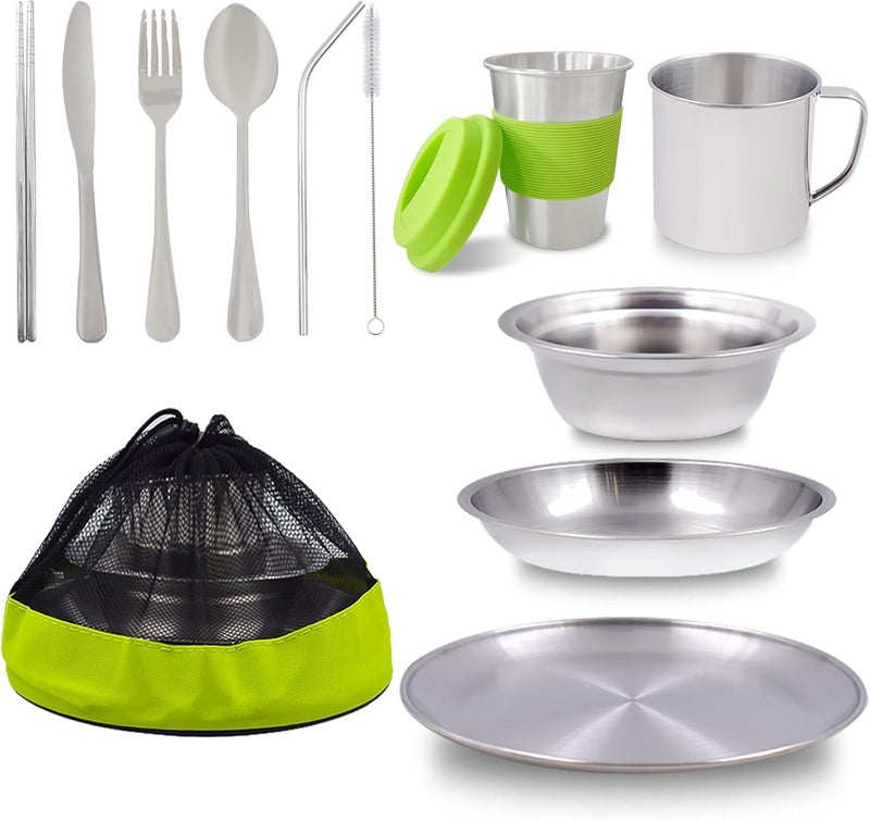 Acelane Camping Mess Kit Camping Plates Dishes Stainless Steel Camping Utensils Set Tableware Dinnerware with Bowls Cups Cutlery 1-2 Person for Backpacking, Hiking, Picnic, BBQ, RV Travel - Image 1