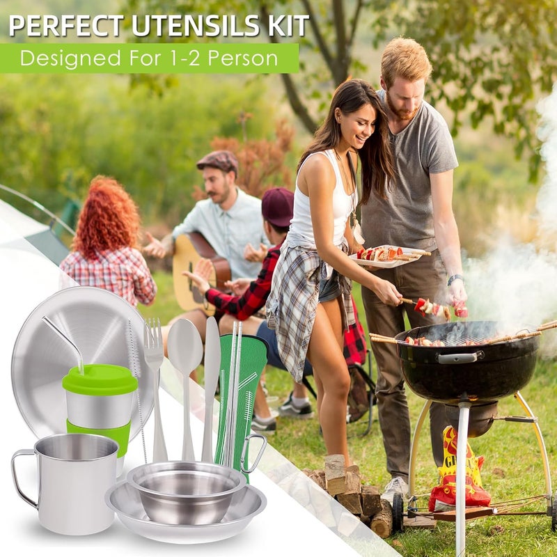 Acelane Camping Mess Kit Camping Plates Dishes Stainless Steel Camping Utensils Set Tableware Dinnerware with Bowls Cups Cutlery 1-2 Person for Backpacking, Hiking, Picnic, BBQ, RV Travel - Image 4