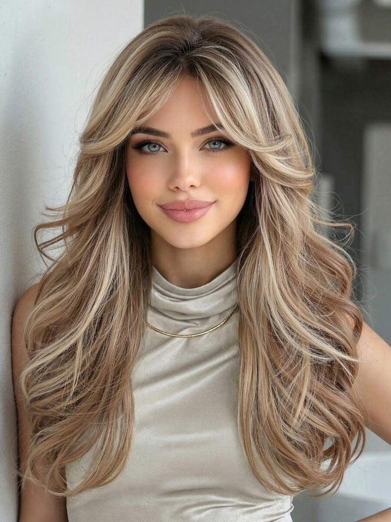 Shein 22 Inch Long Wavy Wig With Bangs, Brown To Blonde Ombre Water Wave Synthetic Wig, High Density Natural Look, For Daily Wear And  Cosplay - Image 1