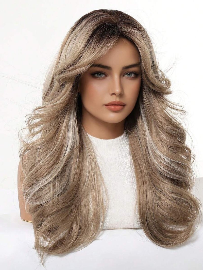 Shein 22 Inch Long Wavy Wig With Bangs, Brown To Blonde Ombre Water Wave Synthetic Wig, High Density Natural Look, For Daily Wear And  Cosplay - Image 4