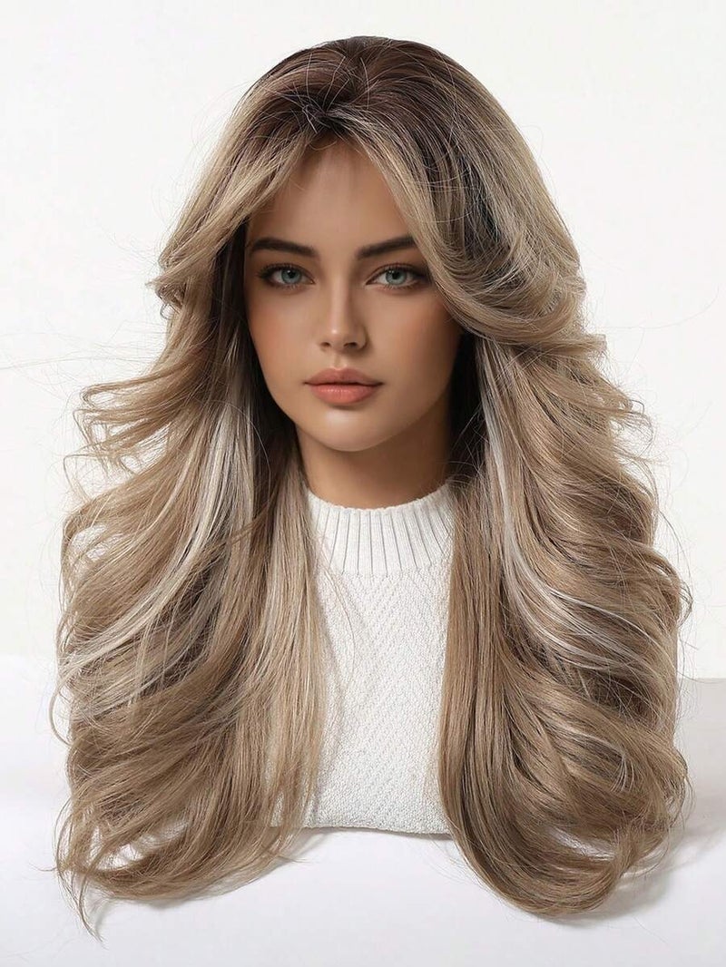 Shein 22 Inch Long Wavy Wig With Bangs, Brown To Blonde Ombre Water Wave Synthetic Wig, High Density Natural Look, For Daily Wear And  Cosplay - Image 5