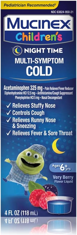 Mucinex Cold and Fever, Children's Multi-Symptom, Night Time Cold Liquid, Mixed Berry, 4oz, Reduces Fever, Controls Cough, Relieves Stuffy Nose, "Packaging May Vary"