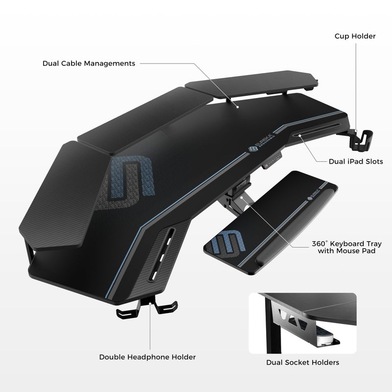 EUREKA ERGONOMIC طاولة ألعاب يوريكا إرجونوميك، طاولة وقوف مع صينية لوحة المفاتيح، طاولة موسيقية كهربائية قابلة للتعديل بارتفاع 72 بوصة، طاولة جلوس ووقوف مع رفوف LED، تسجيل ألعاب وبث مباشر، تصميم فتحة - Image 5