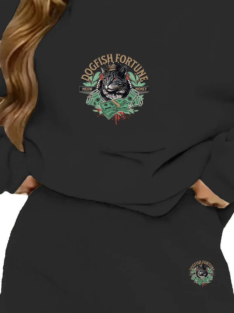 دوغ فش Tracksuit Set Felinefortune Printed Plus Size Bottom Top Set