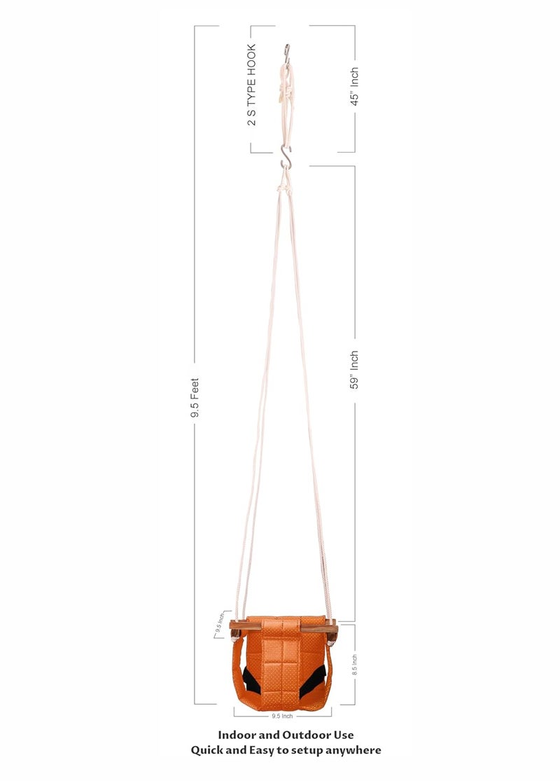 ASHISH Swing for Kids | Indoor/Outdoor Garden Swing | Cradle for 8 to 36 Months | Cotton and Wood Material | Height 114" and Length 8.5" (Orange) - Image 5