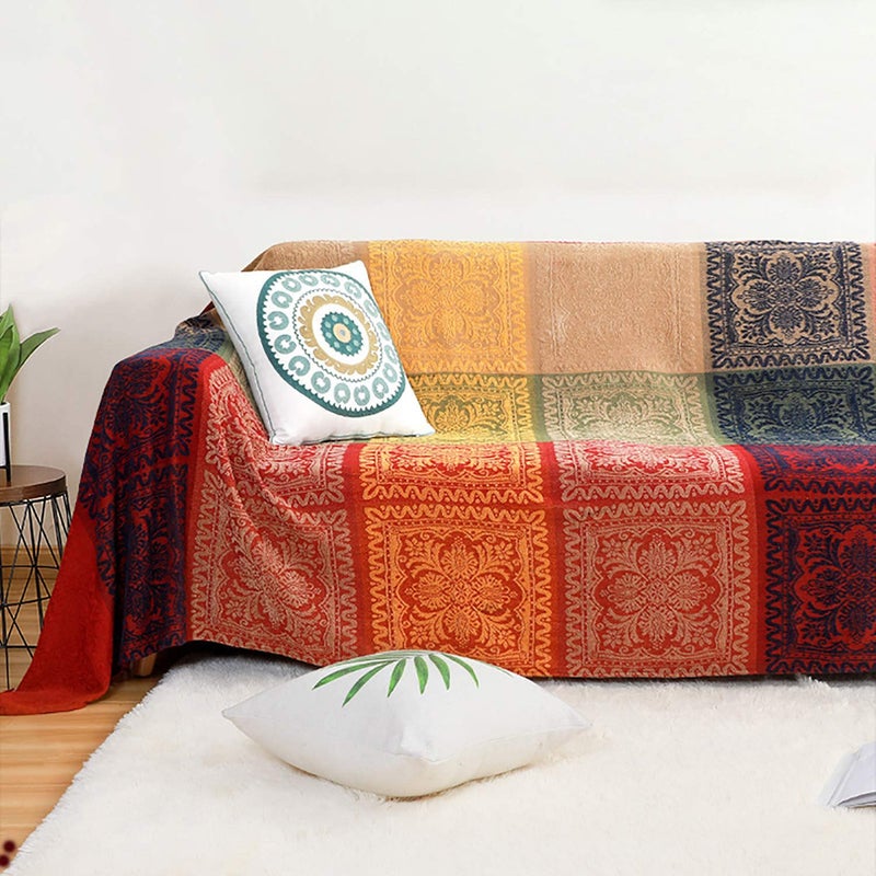 FinalNest FN Bohemian Tribal Throws Blankets Reversible Colorful Red Blue Boho Hippie Chenille Jacquard Fabric Throw Covers Large Couch Furniture Sofa Chair Loveseat Recliner Oversized Red L102x87 