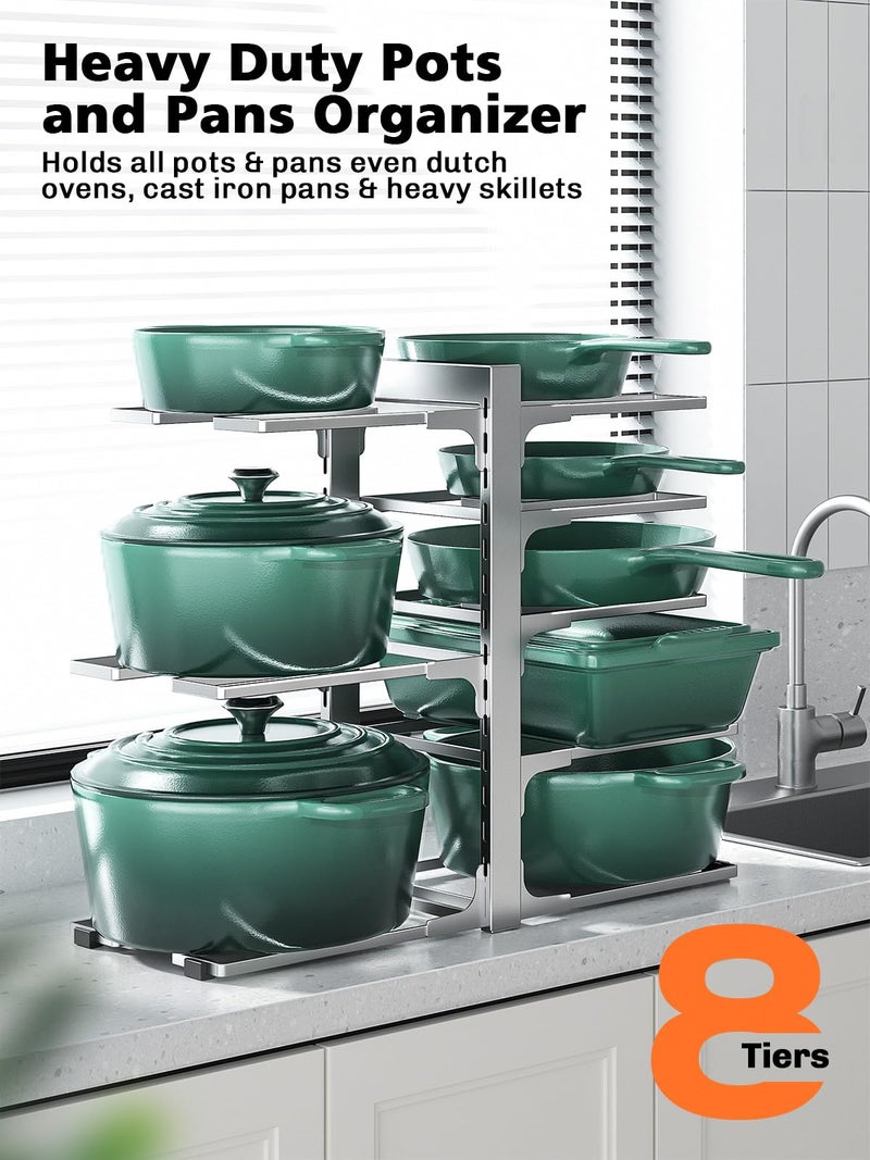 MUDEELA 8-Tier Pots and Pans Organizer under Cabinet, 15.83" Height Heavy Duty Pot Pan Organizer Kitchen Cabinet Organization and Storage, Adjustable Pot Rack for Frying Pan, Cast Iron Skillet, Sliver - Image 5