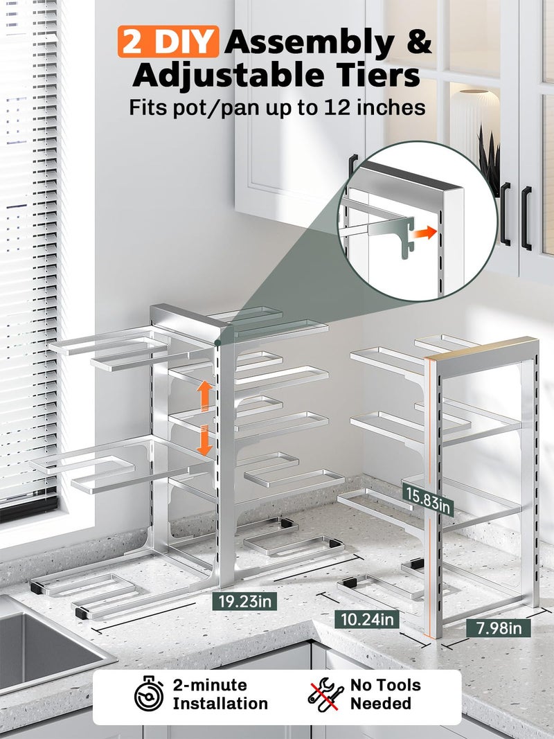 MUDEELA 8-Tier Pots and Pans Organizer under Cabinet, 15.83" Height Heavy Duty Pot Pan Organizer Kitchen Cabinet Organization and Storage, Adjustable Pot Rack for Frying Pan, Cast Iron Skillet, Sliver - Image 3