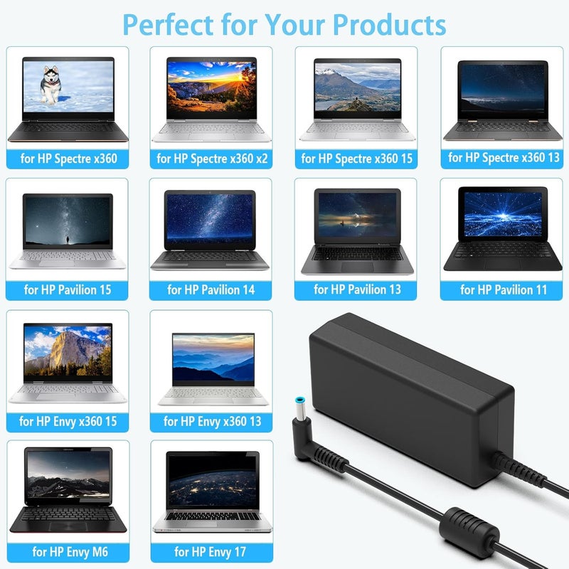 65W 45W شاحن كمبيوتر محمول لـ HP Pavilion x360 11 13 15 17, EliteBook, Chromebook, ProBook, Envy, Spectre, Stream 11 13 14, 250 G6, 255 G7 مزود طاقة مع طرف أزرق - Image 5
