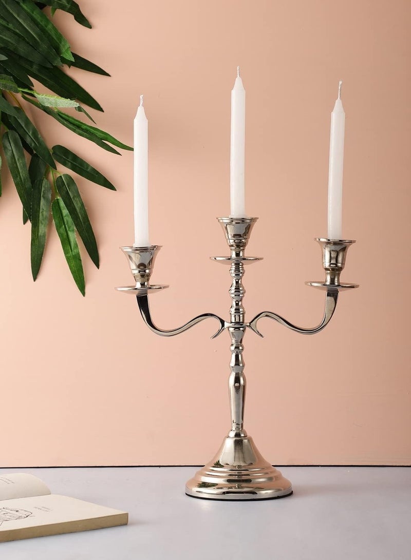 Three Arm Candelabra 10 inch Tall Silver Taper Candle Holders Candle Stands Candlesticks for Home Decor Wedding Parties Dinning Table Centerpiece Thick Candles Silver