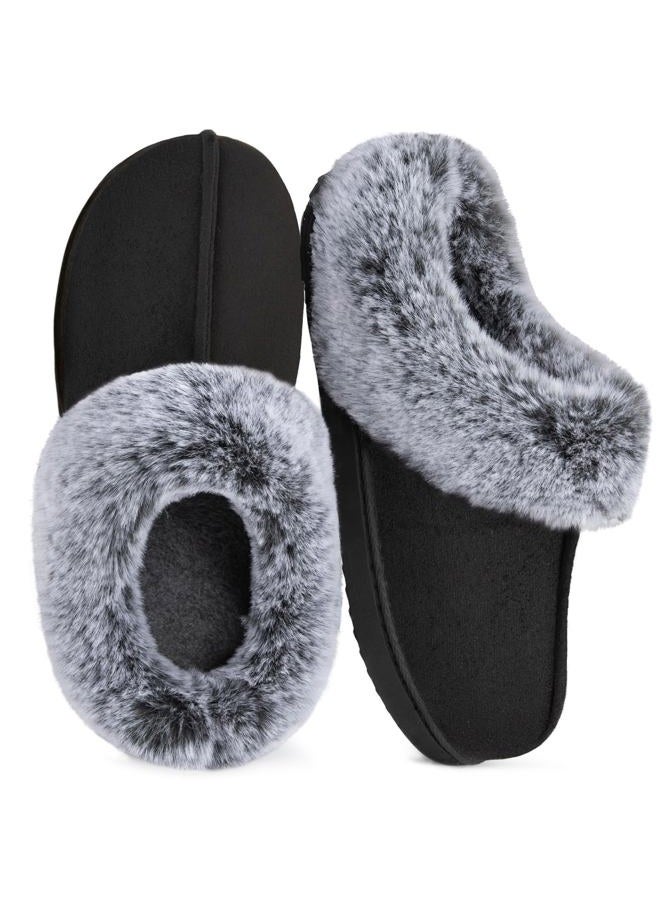 HomeTop Women's Classic Microsuede Memory Foam Slippers Durable Rubber Sole with Warm Faux Fur Collar (5-6 M, Black) - Image 1