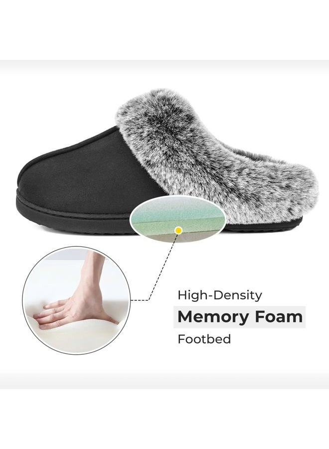 HomeTop Women's Classic Microsuede Memory Foam Slippers Durable Rubber Sole with Warm Faux Fur Collar (5-6 M, Black) - Image 4