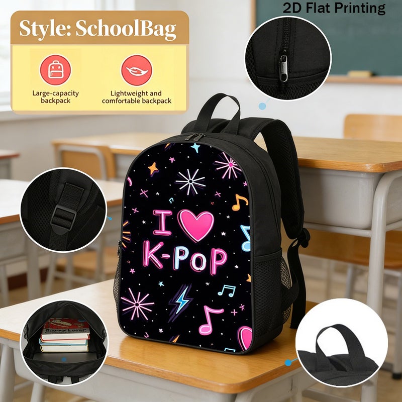 Fashion K Pop Heart Music Pattern Backpack Lightweight Durable 2D Flat Print for outdoor party travel for Teens - Image 2