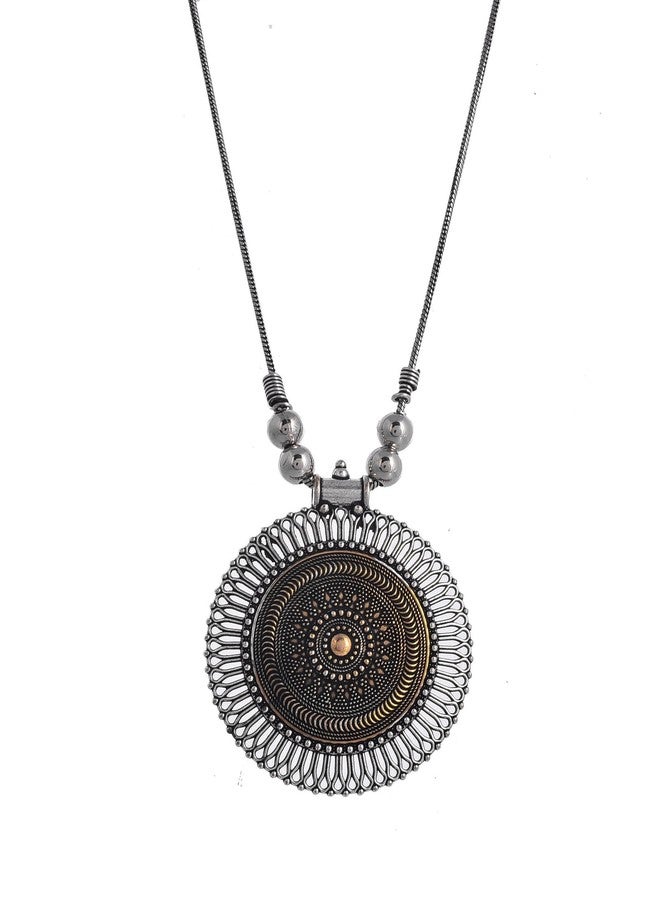 NAMAN ARTS Oxidised Dual Tone Flat Round Mandala Sunburst Pendant Necklace for Women | Antique Circular Boho Charm | Pure Brass Lightweight Ethnic Chain Necklace - Image 1