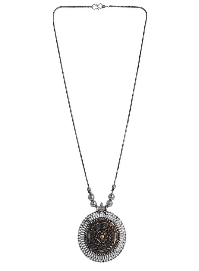 NAMAN ARTS Oxidised Dual Tone Flat Round Mandala Sunburst Pendant Necklace for Women | Antique Circular Boho Charm | Pure Brass Lightweight Ethnic Chain Necklace - Image 2