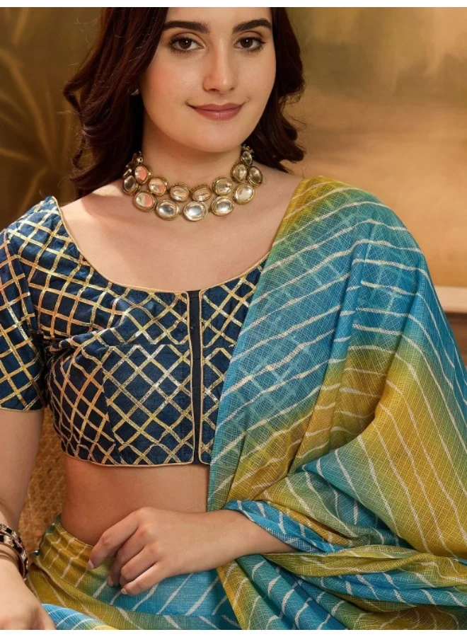 أيه كيه إس Blue Ombre Kota Doria Lehenga Choli Set With Gota Details
