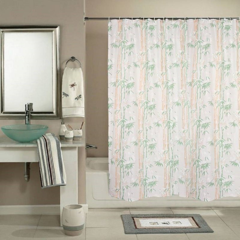 SHAVIN PVC Bamboo Printed Waterproof Bathroom Shower Curtain with 8 Hooks (9ft X 4.5ft, Green) - Image 1
