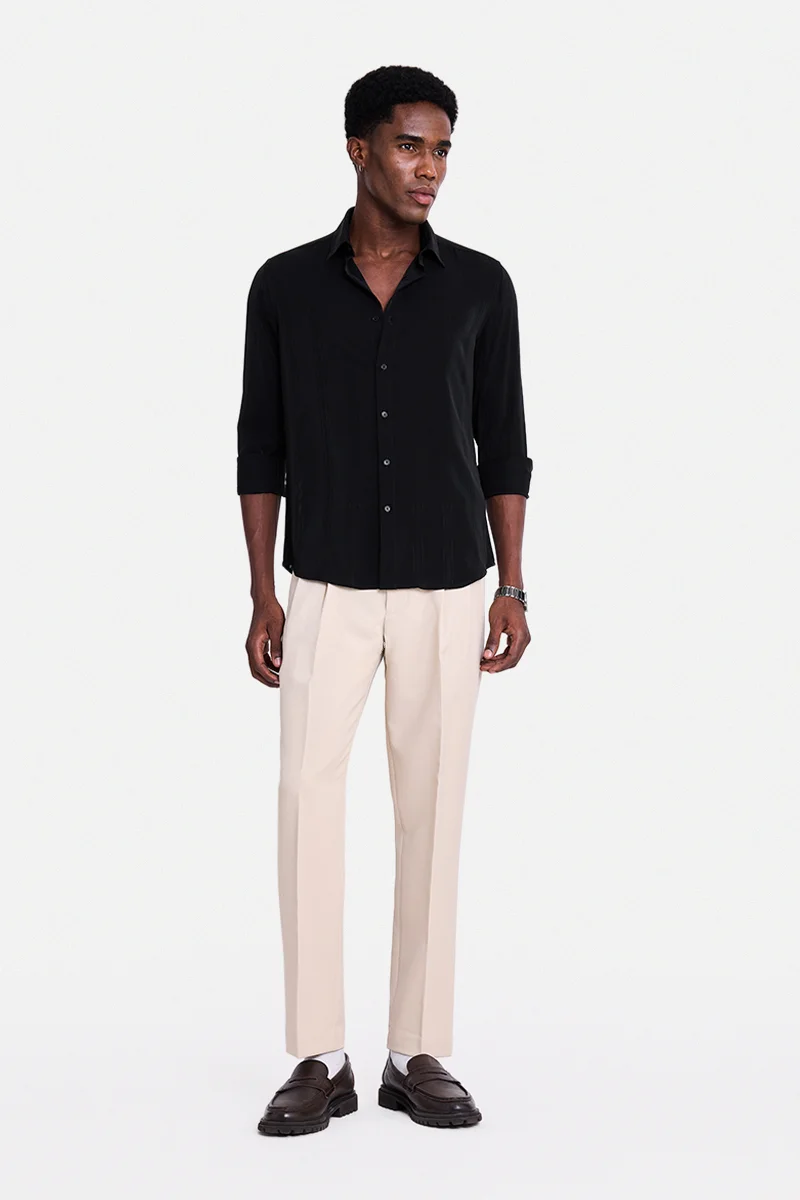 سنيتش Black Textured Long Sleeve Slim Fit Shirt