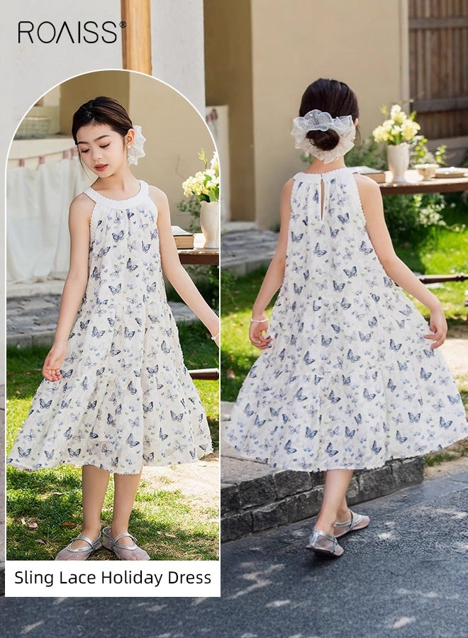 رويس فستان صيفي للفتيات بنقوش فراشات زاهية، فستان كامي أنيق وعصري للفتيات، فستان طويل برقبة حلقية وقصة A-line، مناسب للارتداء اليومي، الشاطئ، السفر، حفلات الزفاف أو أي مناسبة أخرى. - Image 3