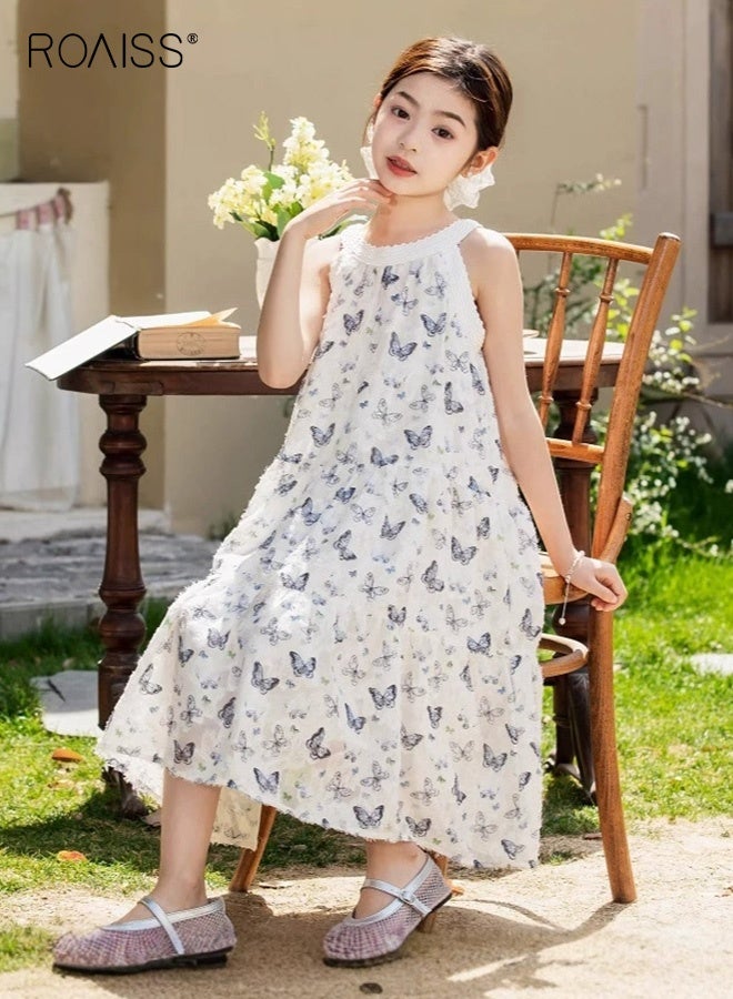 رويس فستان صيفي للفتيات بنقوش فراشات زاهية، فستان كامي أنيق وعصري للفتيات، فستان طويل برقبة حلقية وقصة A-line، مناسب للارتداء اليومي، الشاطئ، السفر، حفلات الزفاف أو أي مناسبة أخرى. - Image 1