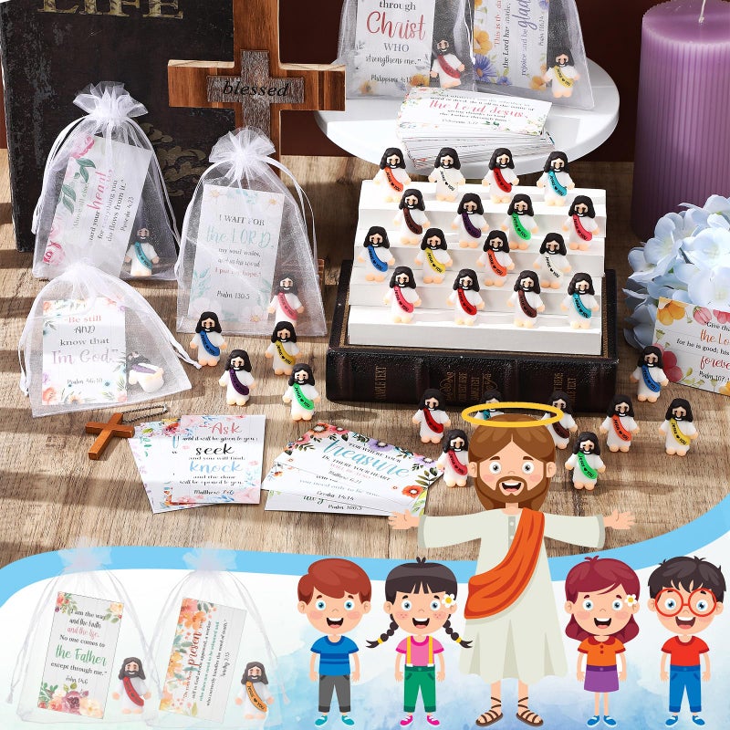 Bememo 50 Sets Christian Gifts Bulk Bible Verse Cards Include Little Jesus Figures Prayer Cards and Organza Bags for Religious Party Favors Sunday Baptism Gifts(Flower Style,Bright) - Image 2