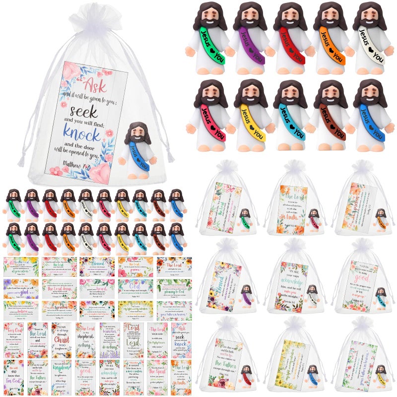 Bememo 50 Sets Christian Gifts Bulk Bible Verse Cards Include Little Jesus Figures Prayer Cards and Organza Bags for Religious Party Favors Sunday Baptism Gifts(Flower Style,Bright) - Image 1