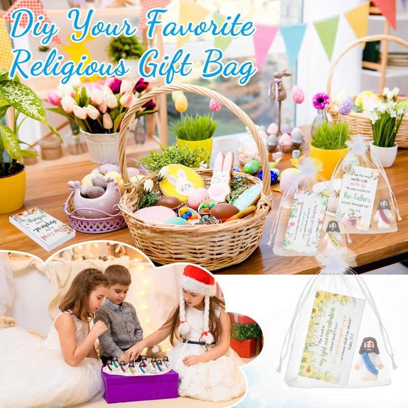 Bememo 50 Sets Christian Gifts Bulk Bible Verse Cards Include Little Jesus Figures Prayer Cards and Organza Bags for Religious Party Favors Sunday Baptism Gifts(Flower Style,Bright) - Image 4