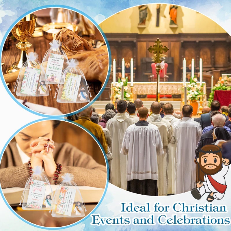 Bememo 50 Sets Christian Gifts Bulk Bible Verse Cards Include Little Jesus Figures Prayer Cards and Organza Bags for Religious Party Favors Sunday Baptism Gifts(Flower Style,Bright) - Image 3