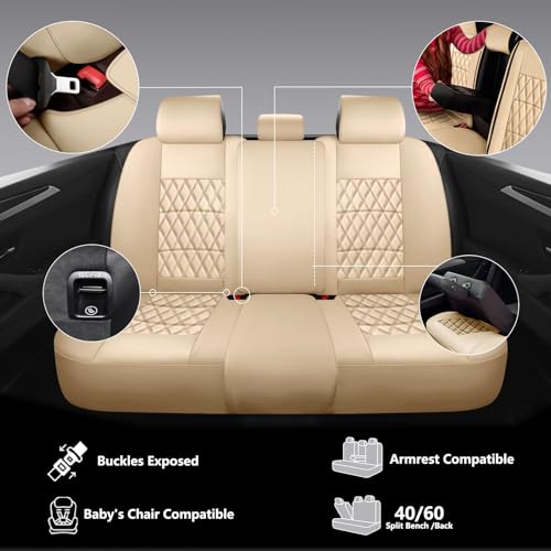 NS YOLO Leather Car Seat Covers,Universal Fit for Most Cars,SUVs and Sedans,Waterproof Luxury Leatherette Cushions, 5 Seats Protectors (Beige, Full Set-5 Seats(Front and Rear)) - Image 5