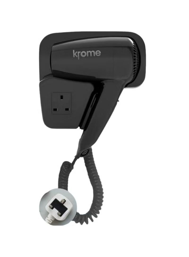 Krome Wall‑Mounted 1300 W Hair Dryer 65 °C – BS Plug, Shaver Socket & Strong 18 m/s Airflow - Image 1