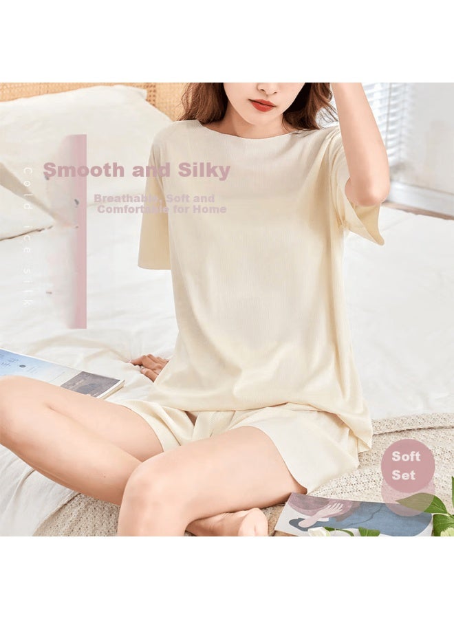 LANG SHA Langsha Women's Pajamas, Summer Thin Cool-feeling Smooth Silky Lazy Style Comfortable Loungewear Suitable For Outdoor Wear,  Beige - Image 1