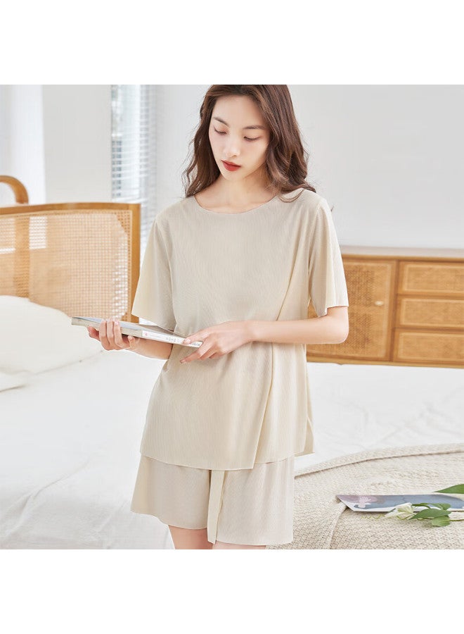 LANG SHA Langsha Women's Pajamas, Summer Thin Cool-feeling Smooth Silky Lazy Style Comfortable Loungewear Suitable For Outdoor Wear,  Beige - Image 2