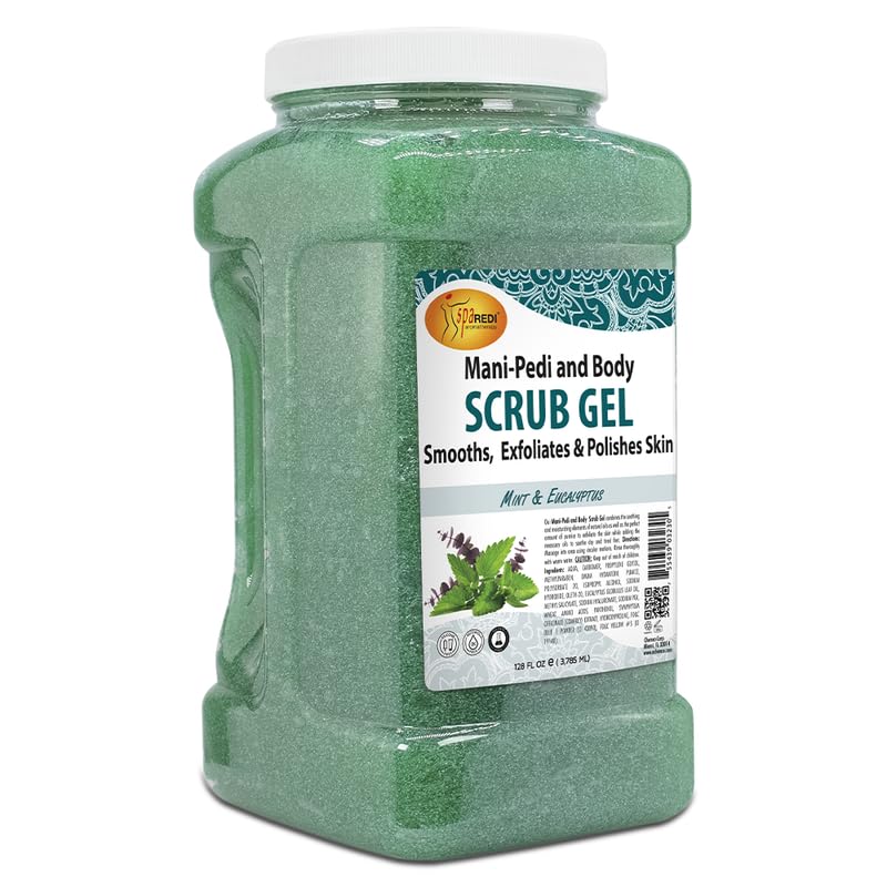 SPA REDI - Exfoliating Scrub Pumice Gel, Mint and Eucalyptus, 128 Oz - Manicure, Pedicure and Body Exfoliator Infused with Hyaluronic Acid, Amino Acids, Panthenol and Comfrey Extract
