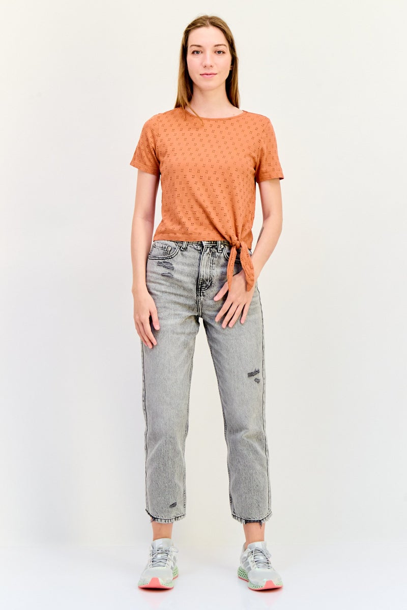 ONLY Women Round Neck Short Sleeves Textured Blouse, Brown  - Image 3