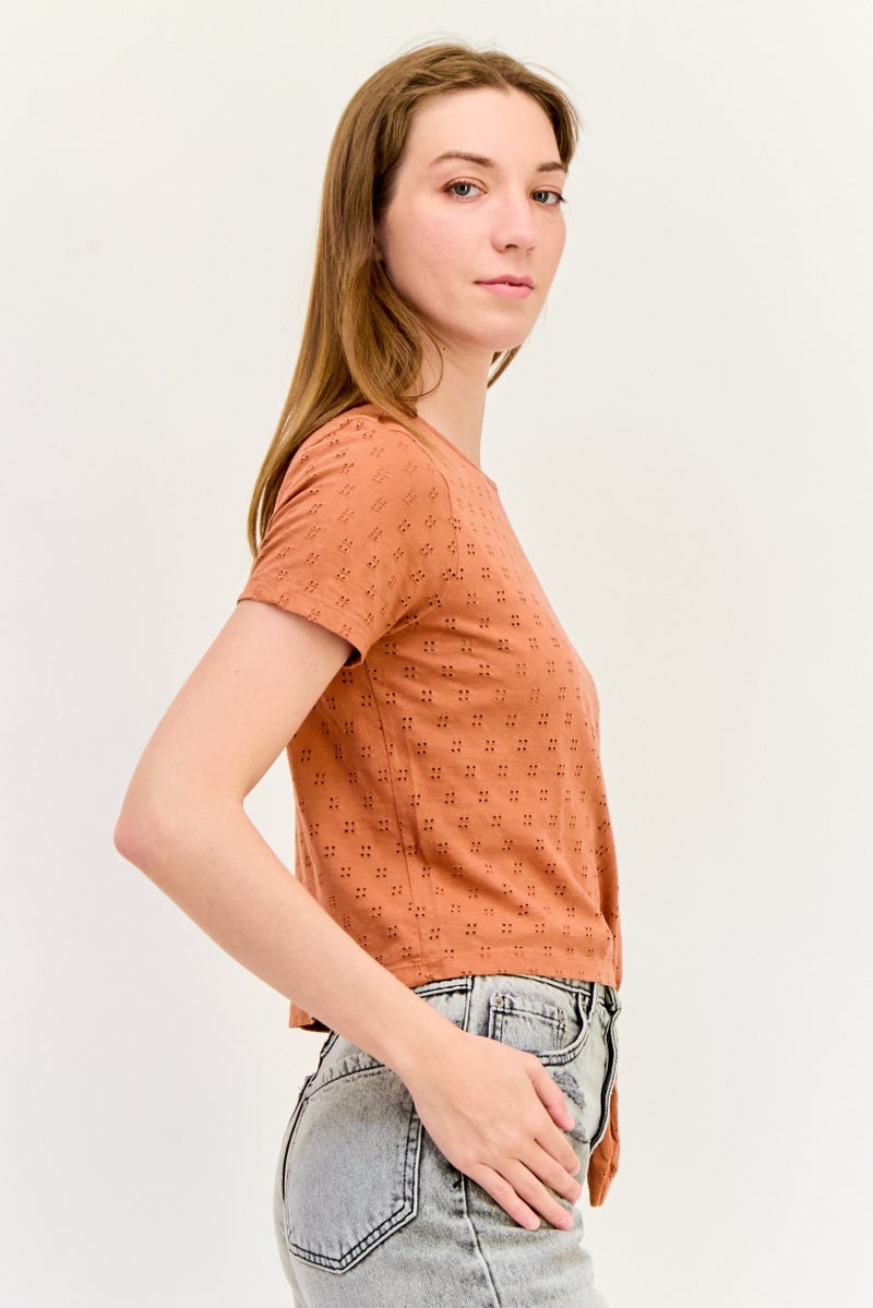 ONLY Women Round Neck Short Sleeves Textured Blouse, Brown  - Image 4