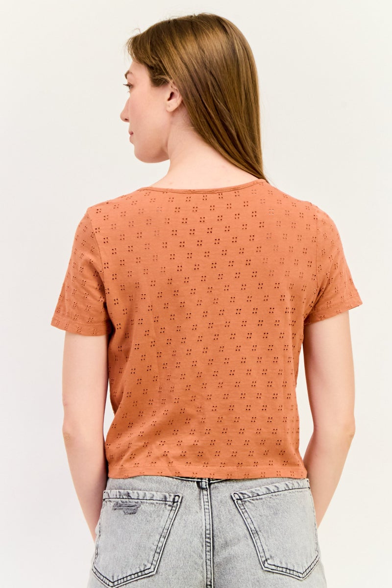 ONLY Women Round Neck Short Sleeves Textured Blouse, Brown  - Image 2